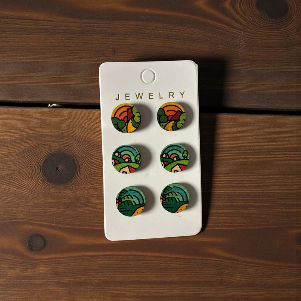 Women Colorful Farmhouse Scene Round Earrings Set